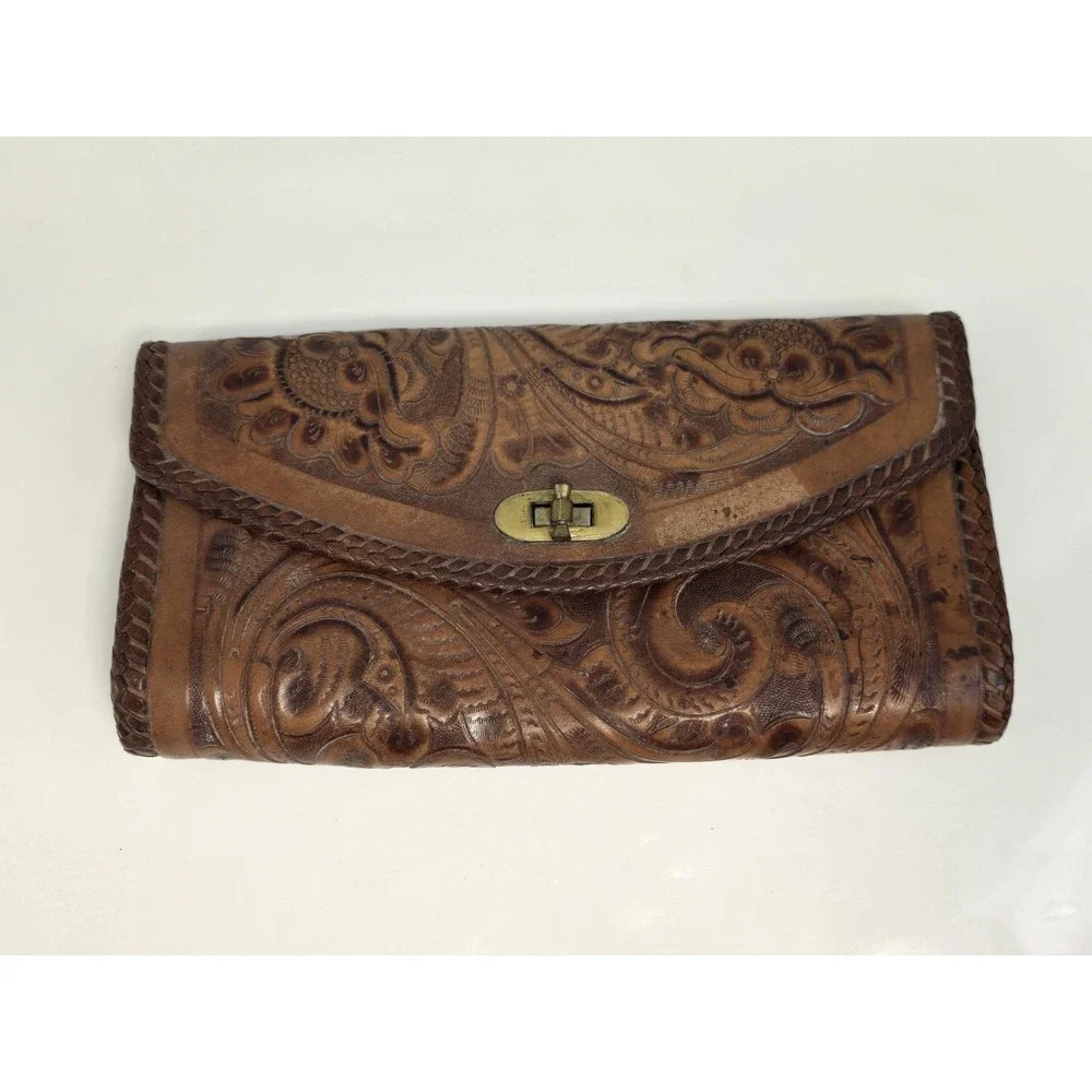 RARE‎ Vintage Brown Hand Tooled Leather Wallet Clutch , Gaiton - Made In Mexico